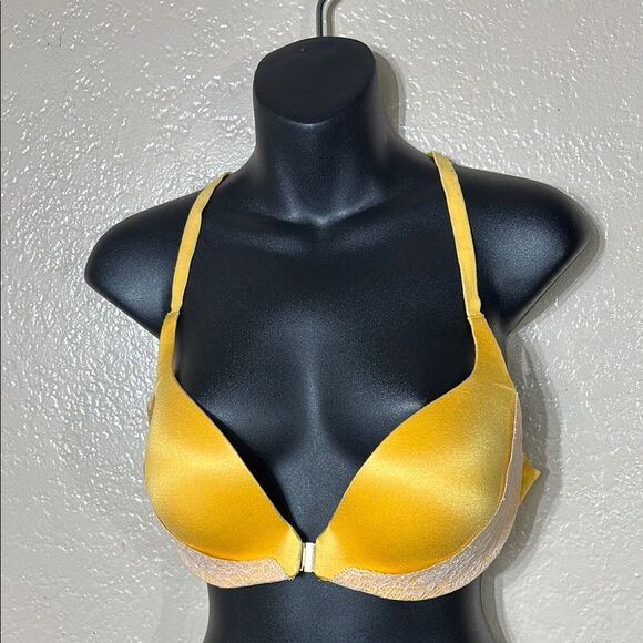 Victoria’s Secret 34D push up front clasp cross back lace yellow shimmer bra - Picture 1 of 5